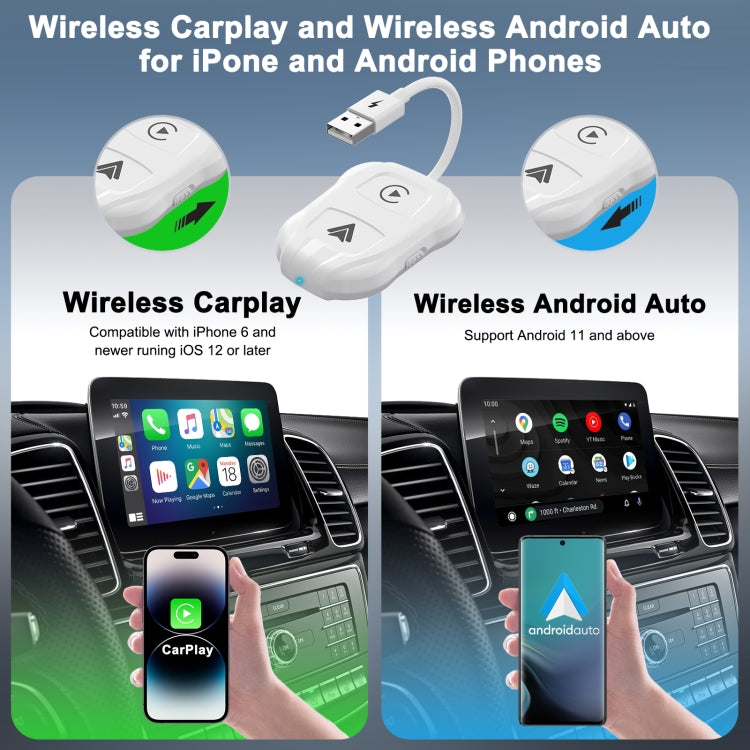 THT-020-9 USB + USB-C Wired to Wireless Carplay/Android device, compact and sleek design for seamless connectivity.